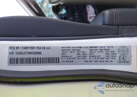 2021 Dodge Durango R/T z USA, uszkodzony, nr VIN 1C4SDJCT3MC520660